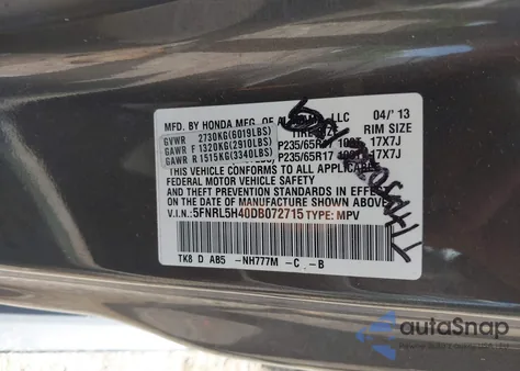 2013 Honda Odyssey Ex from USA, damaged, VIN 5FNRL5H40DB072715